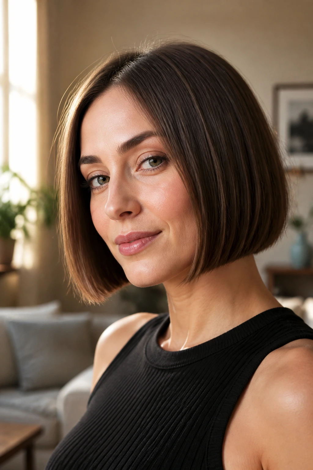 Close-up of real woman with chin-length blunt bob