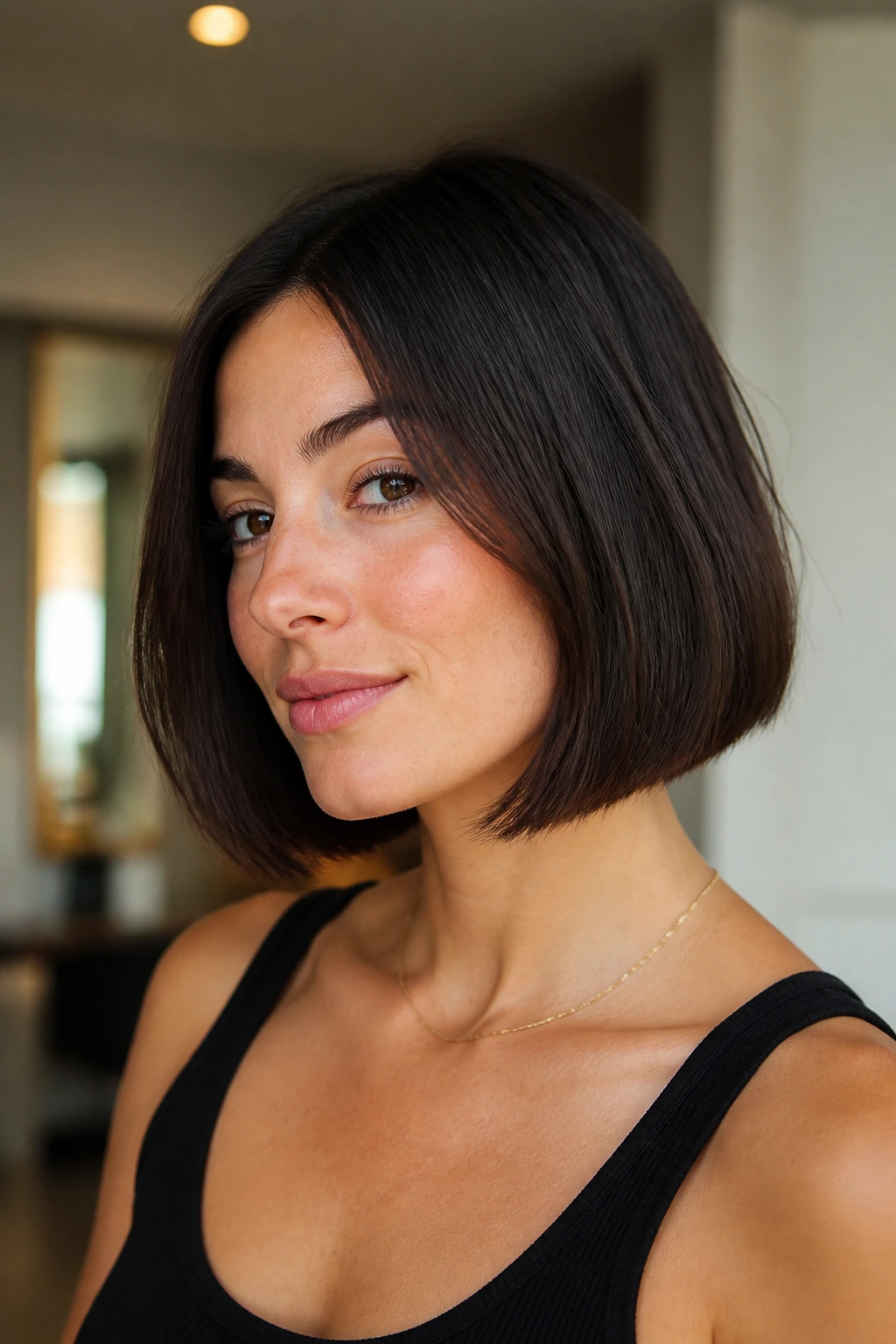 Real woman with blunt chin-length bob and soft ends