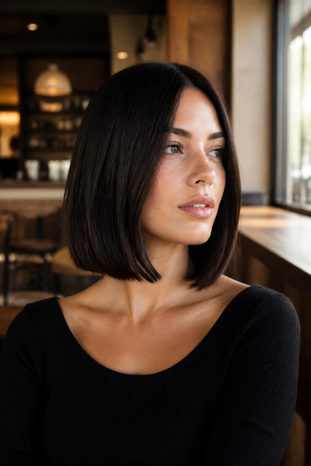 Portrait of a woman with a collarbone-length blunt bob and soft ends.