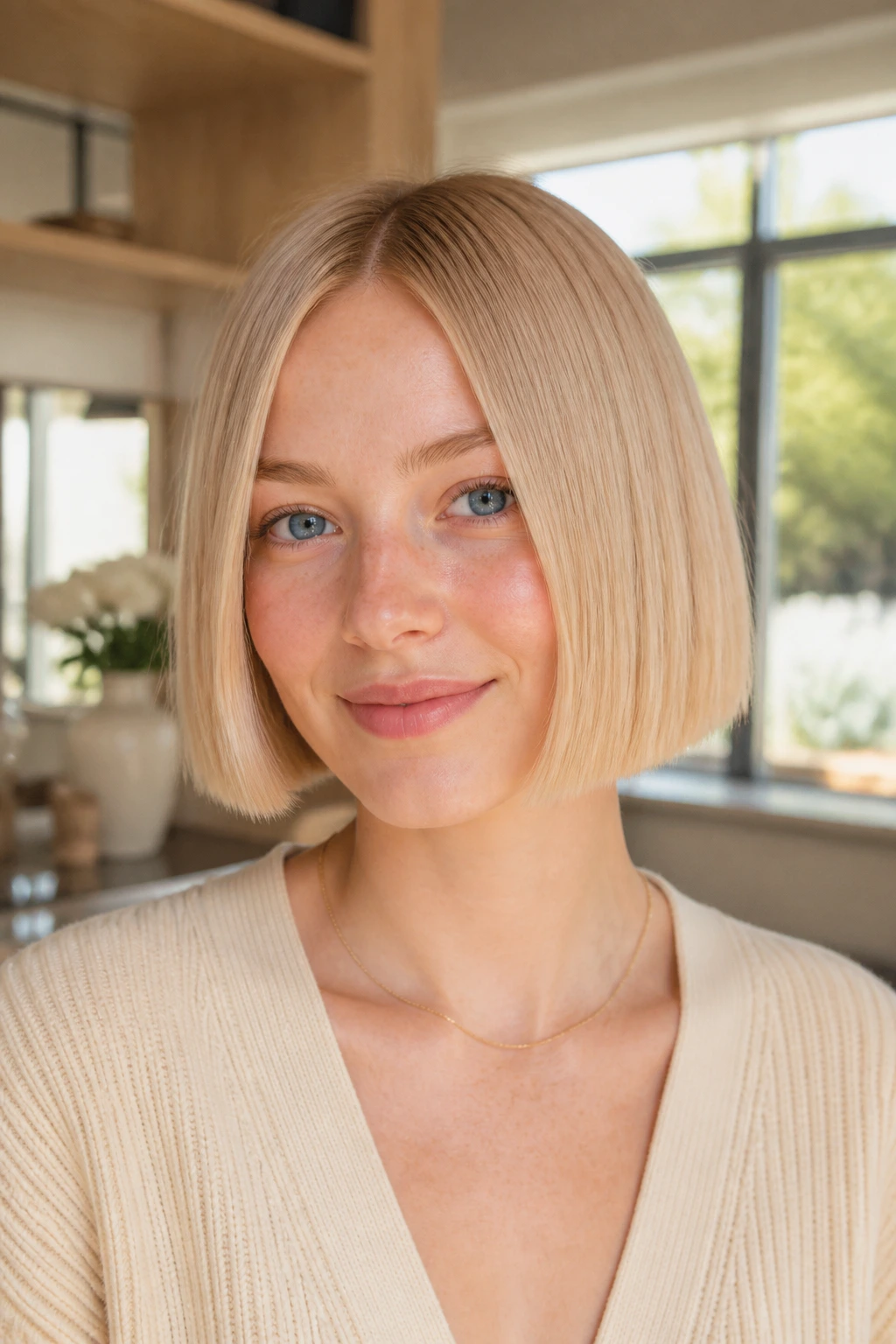 Real woman with cream soda blunt bob in creamy beige blonde.