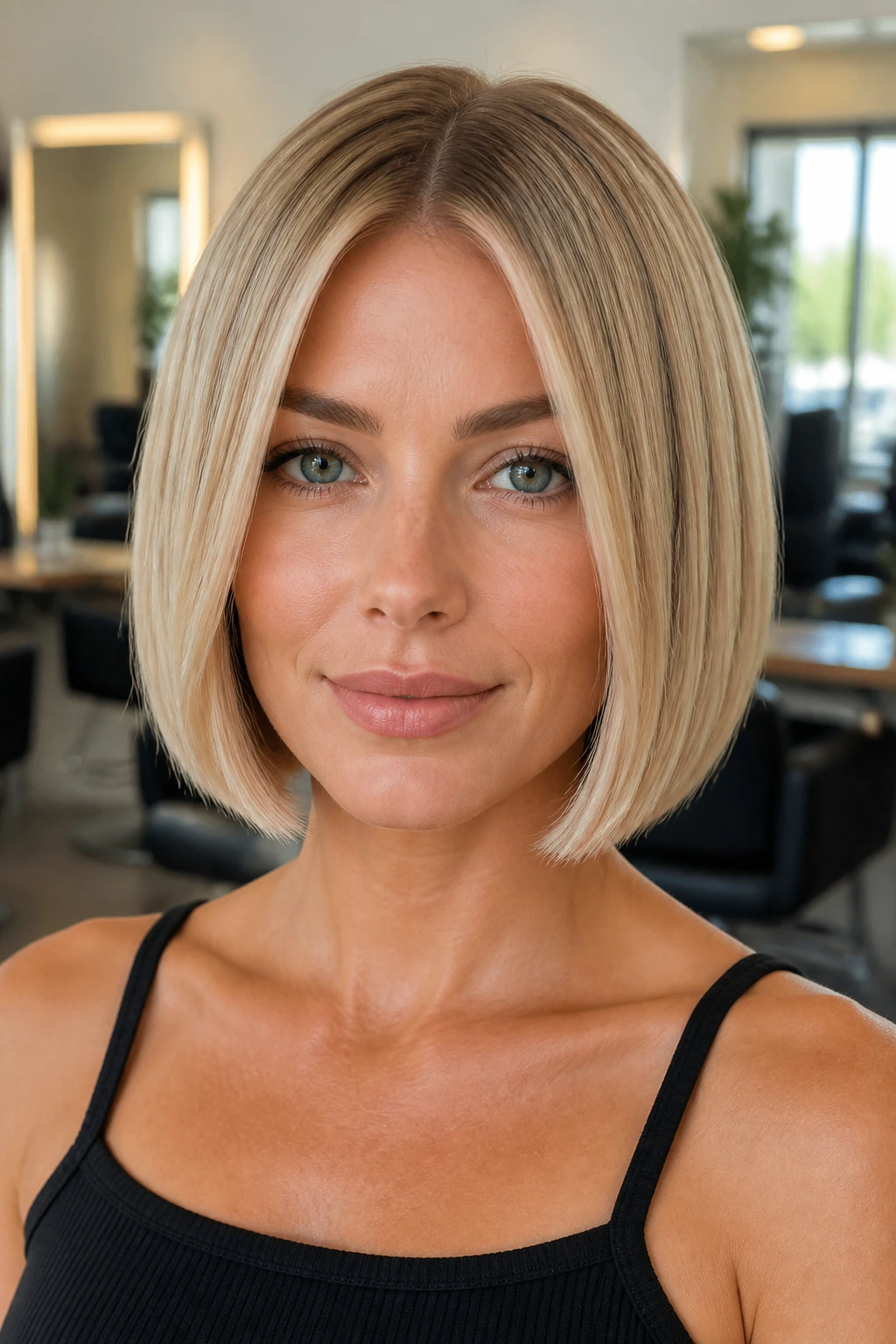 Close-up portrait of a woman with a chin-grazing blunt bob and creamy beige blonde