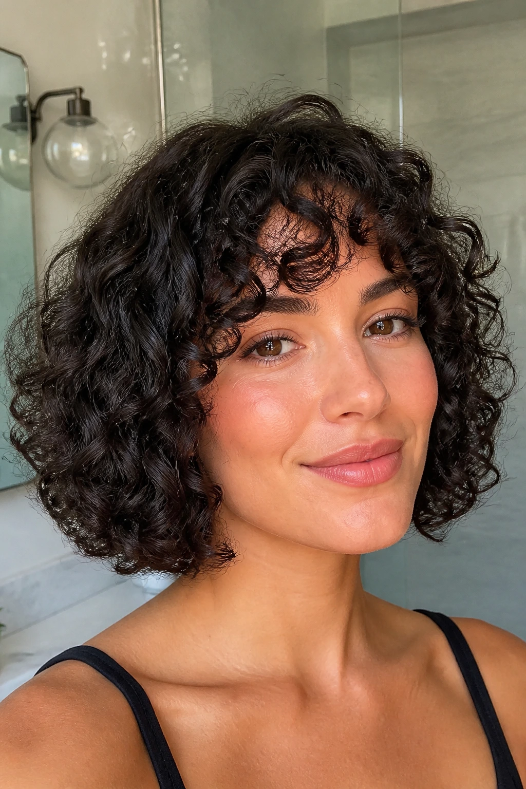 Blunt bob with thick springy curls on real woman, chin-length and structured
