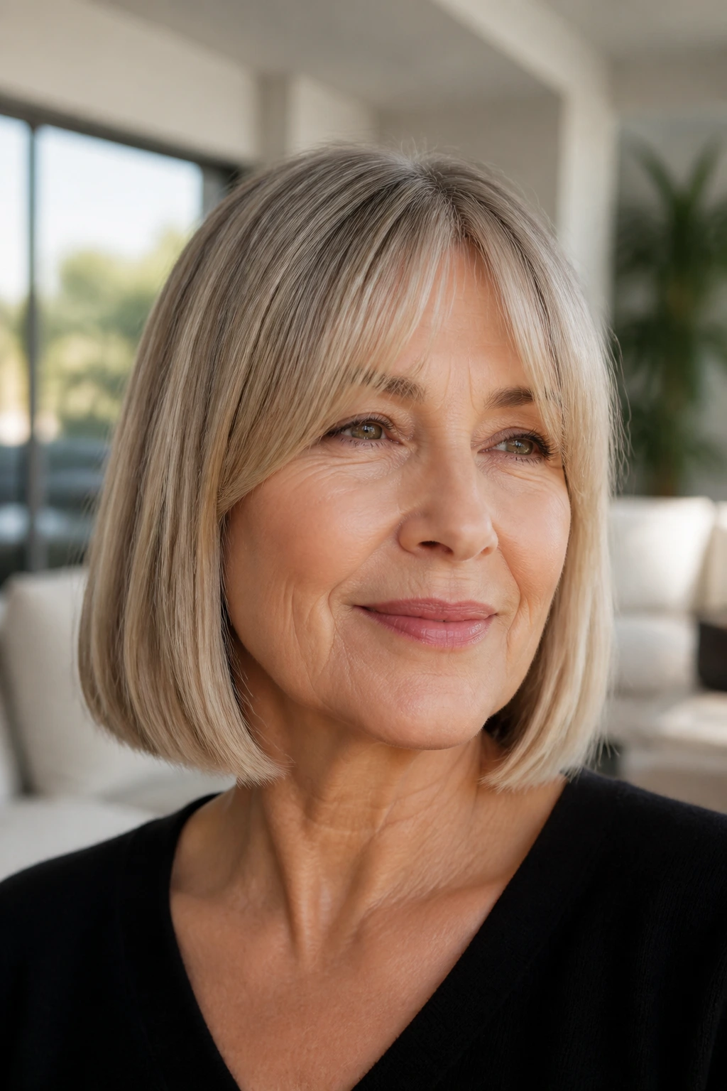 Close-up of a real woman with blunt bob and light curtain bangs