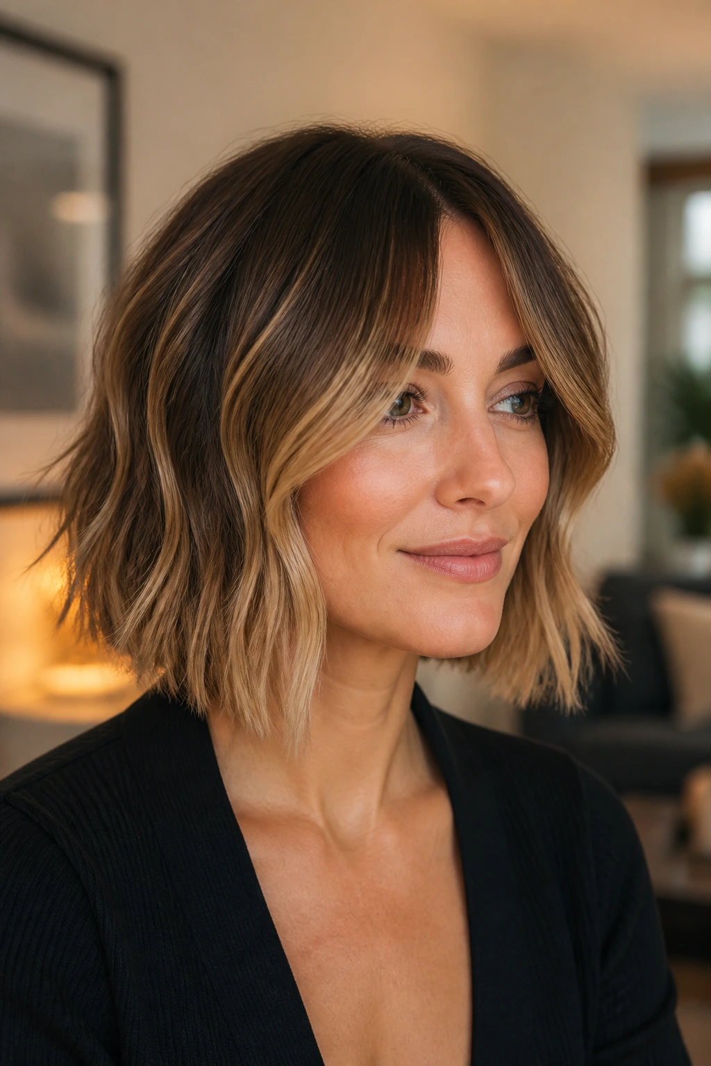 Close-up of blunt mid-length bob with curtain bangs and cheekbone-grazing fringe