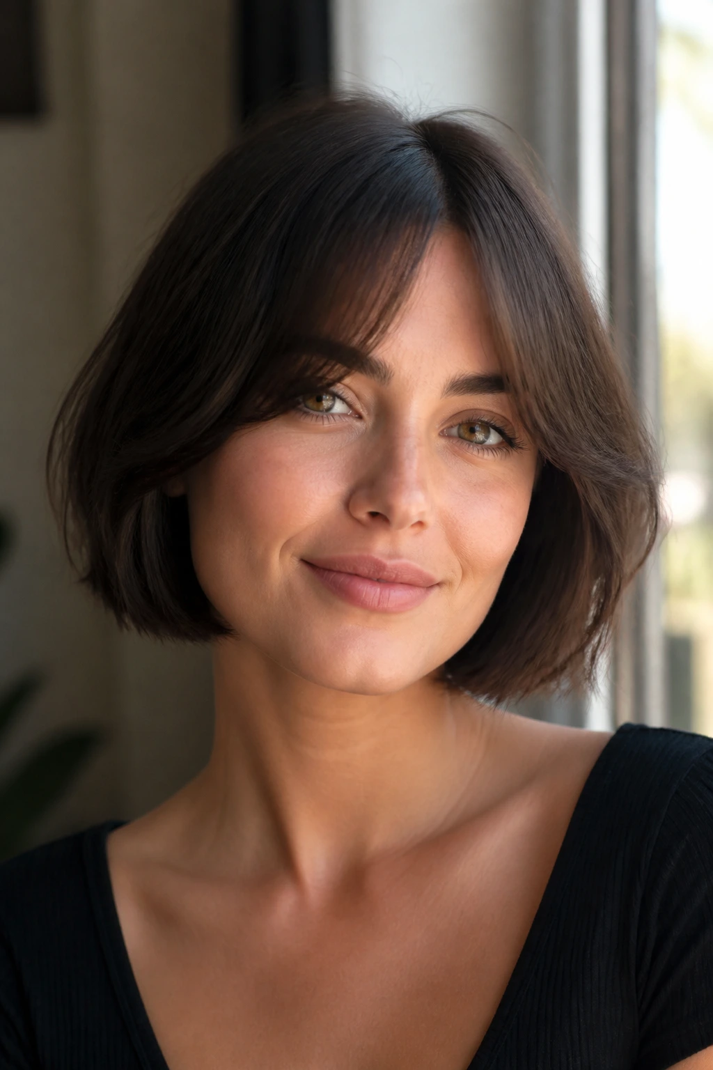 Close-up of a real person with soft blunt bob and curtain bangs