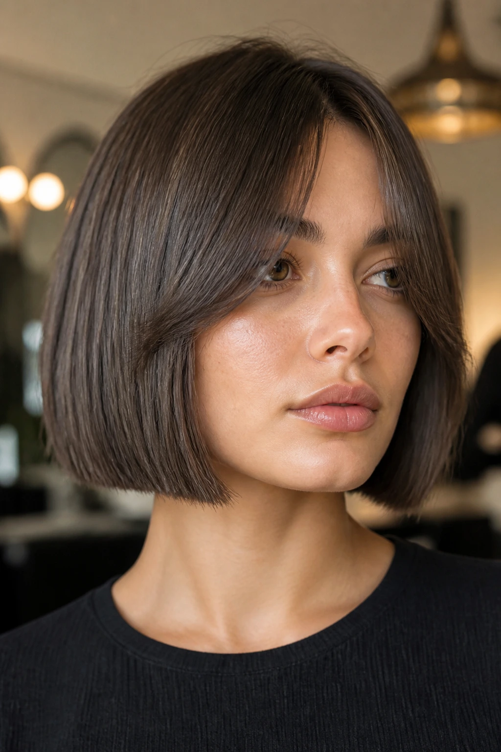Close-up of a real person with a blunt mid-cheek bob and curtain bangs