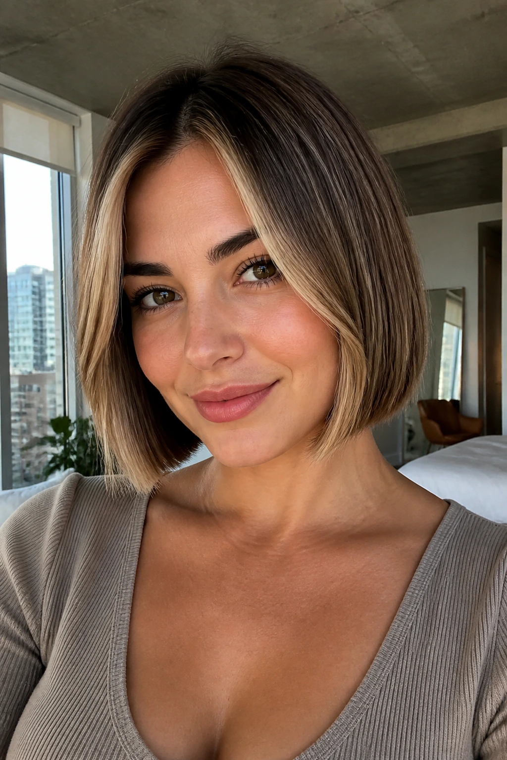 Close-up of a real woman with blunt bob and curtain front pieces framing the cheeks