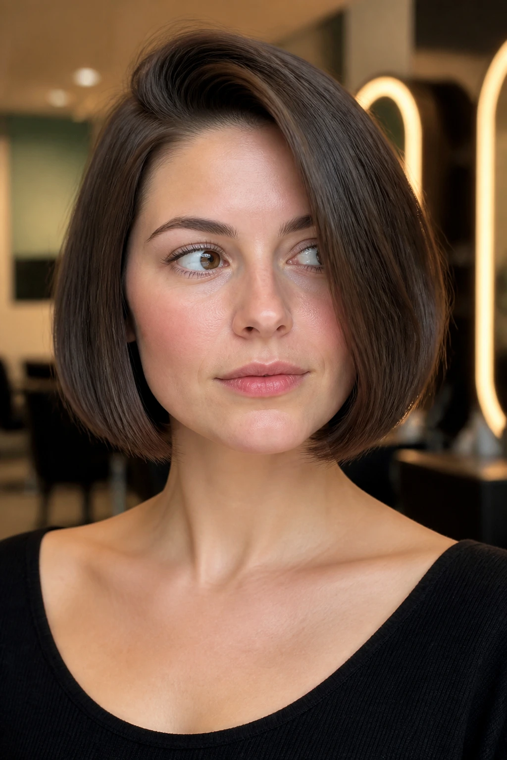 Blunt chin-length bob with deep side part on a real person