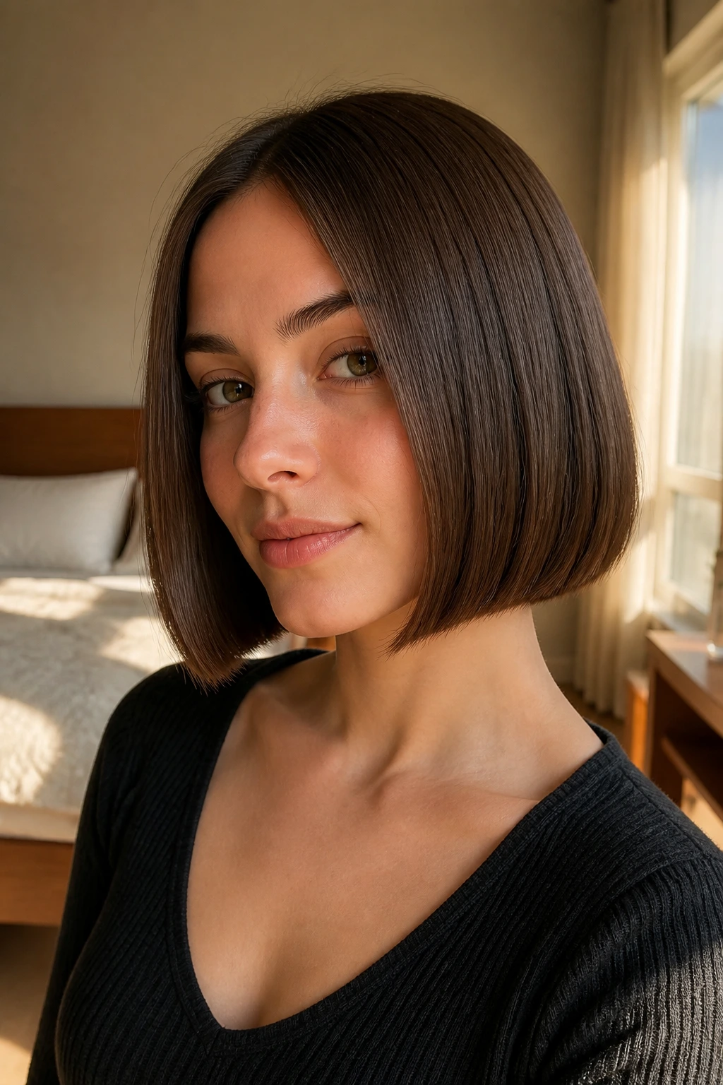 Close-up of real woman with blunt bob and dense ends in cozy bedroom