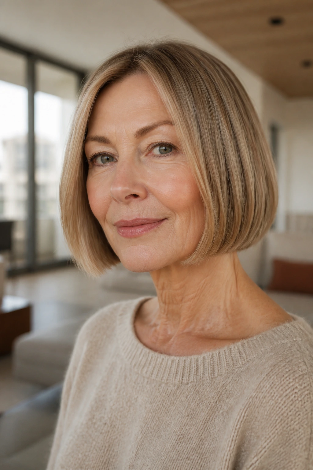 Close-up portrait of a real woman with jaw-skimming blunt bob