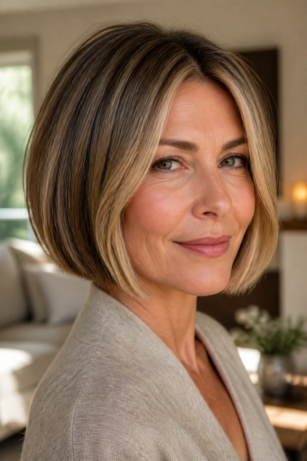 Blunt chin-length bob with face-framing lights on a real person.