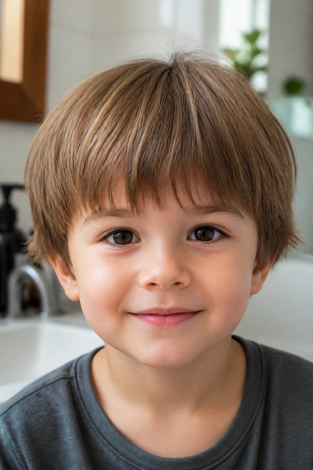 Close-up toddler boy with blunt bob and feathered ends