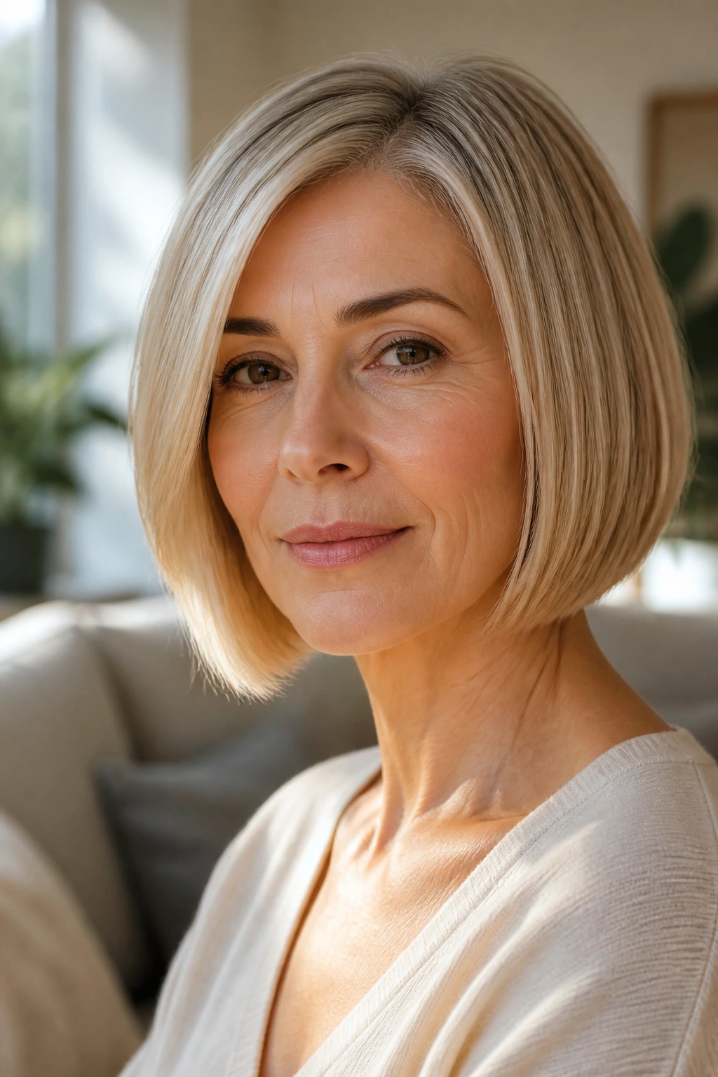 Portrait of a real woman with a blunt bob that holds its shape for fine hair, warm window light