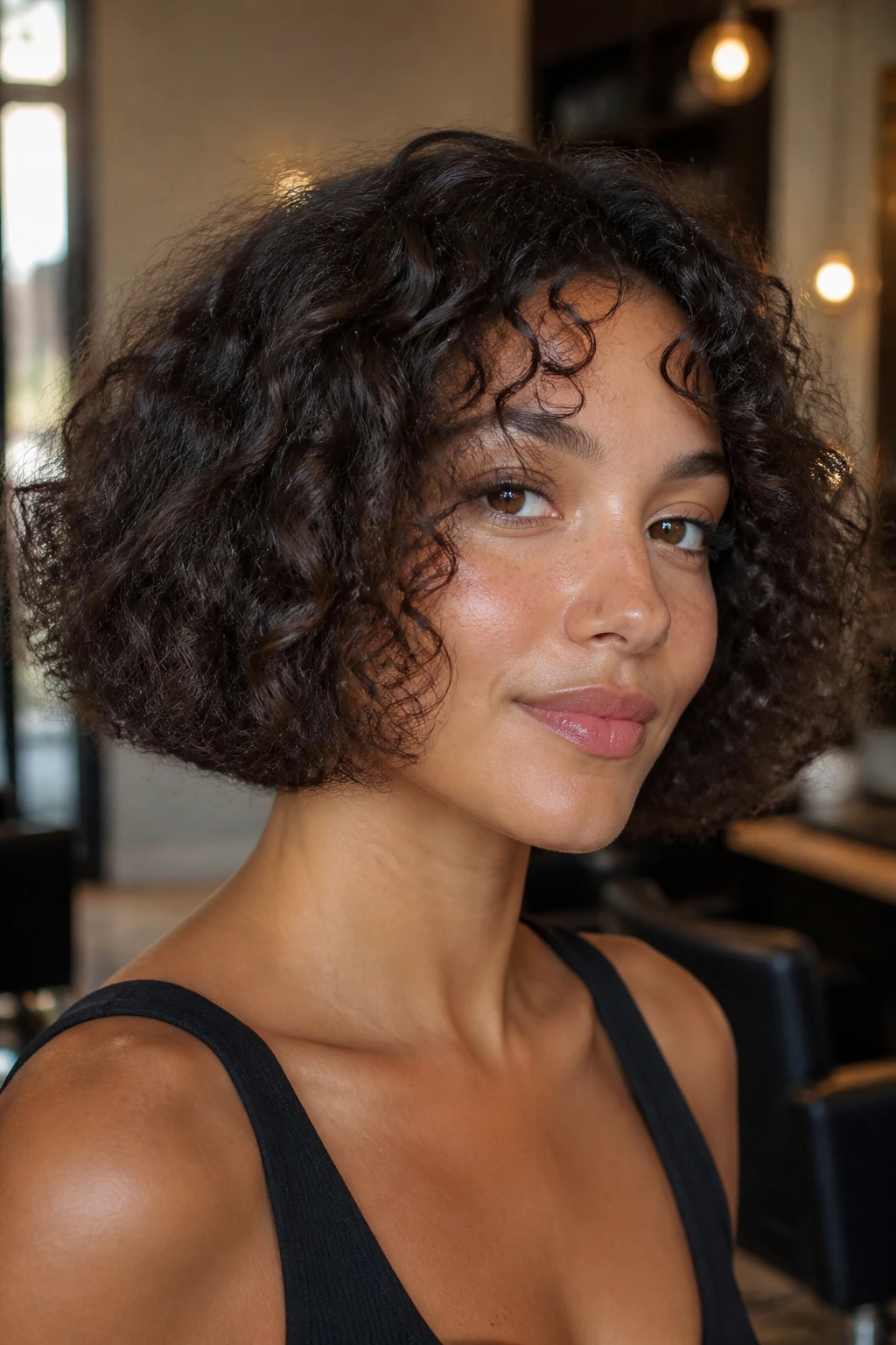 Close-up of a real woman with a blunt curly bob featuring a sharp edge and textured interior.