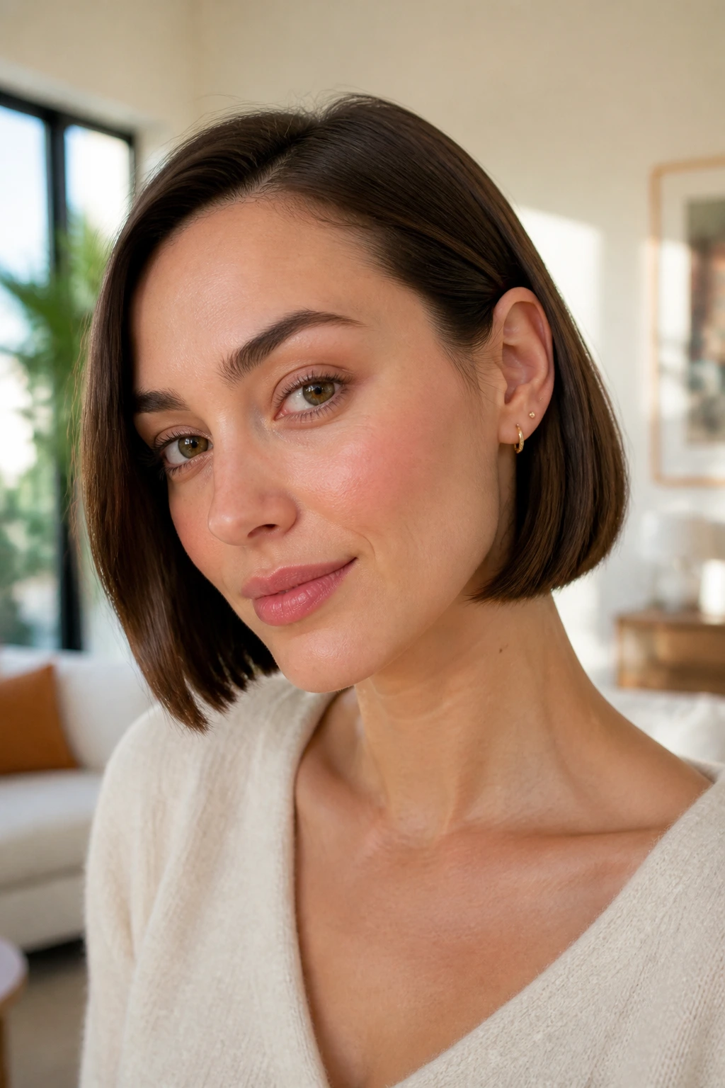 Woman with blunt bob tucked behind the ear