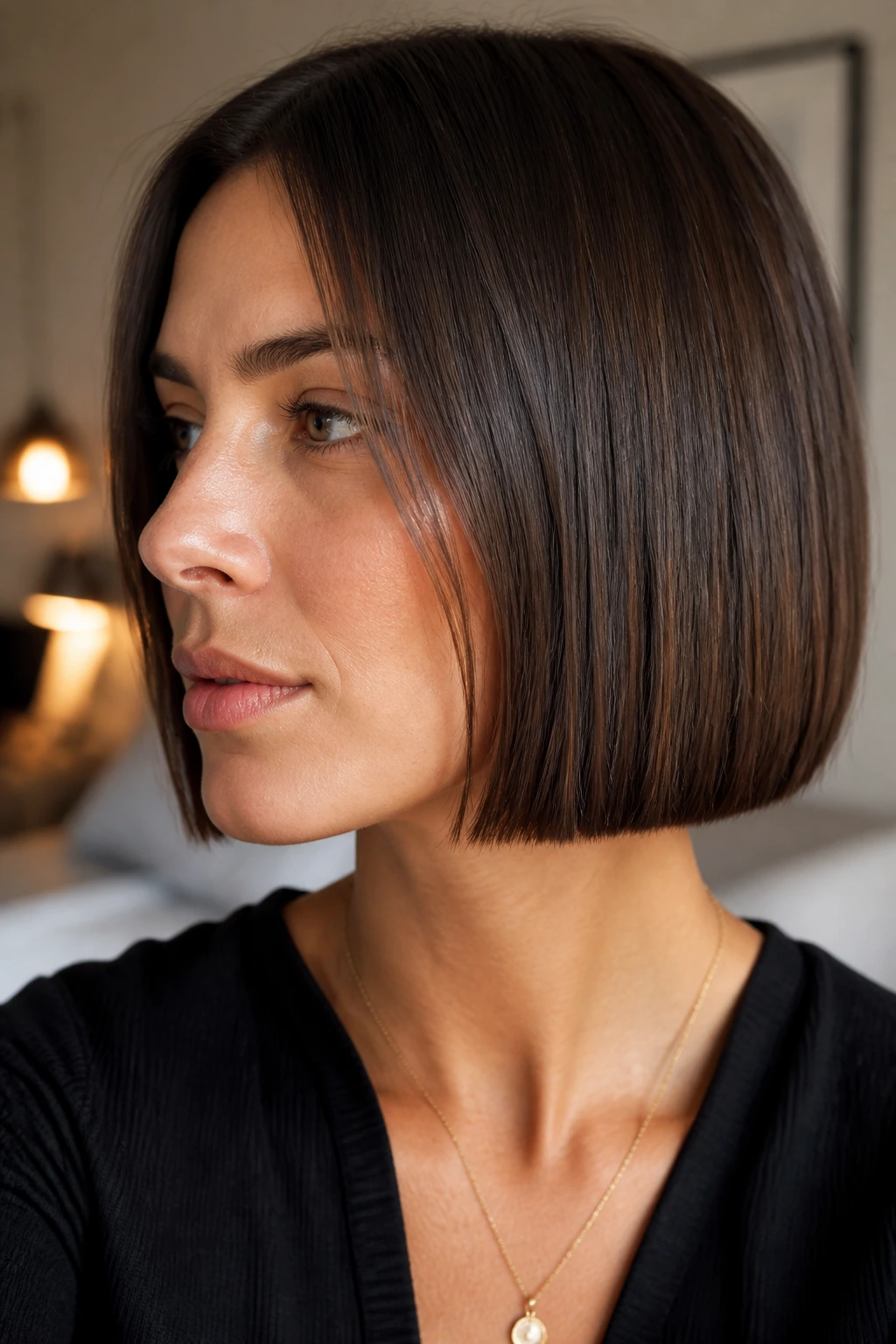 Portrait of a woman with a blunt bob showing strong shape and crown weight