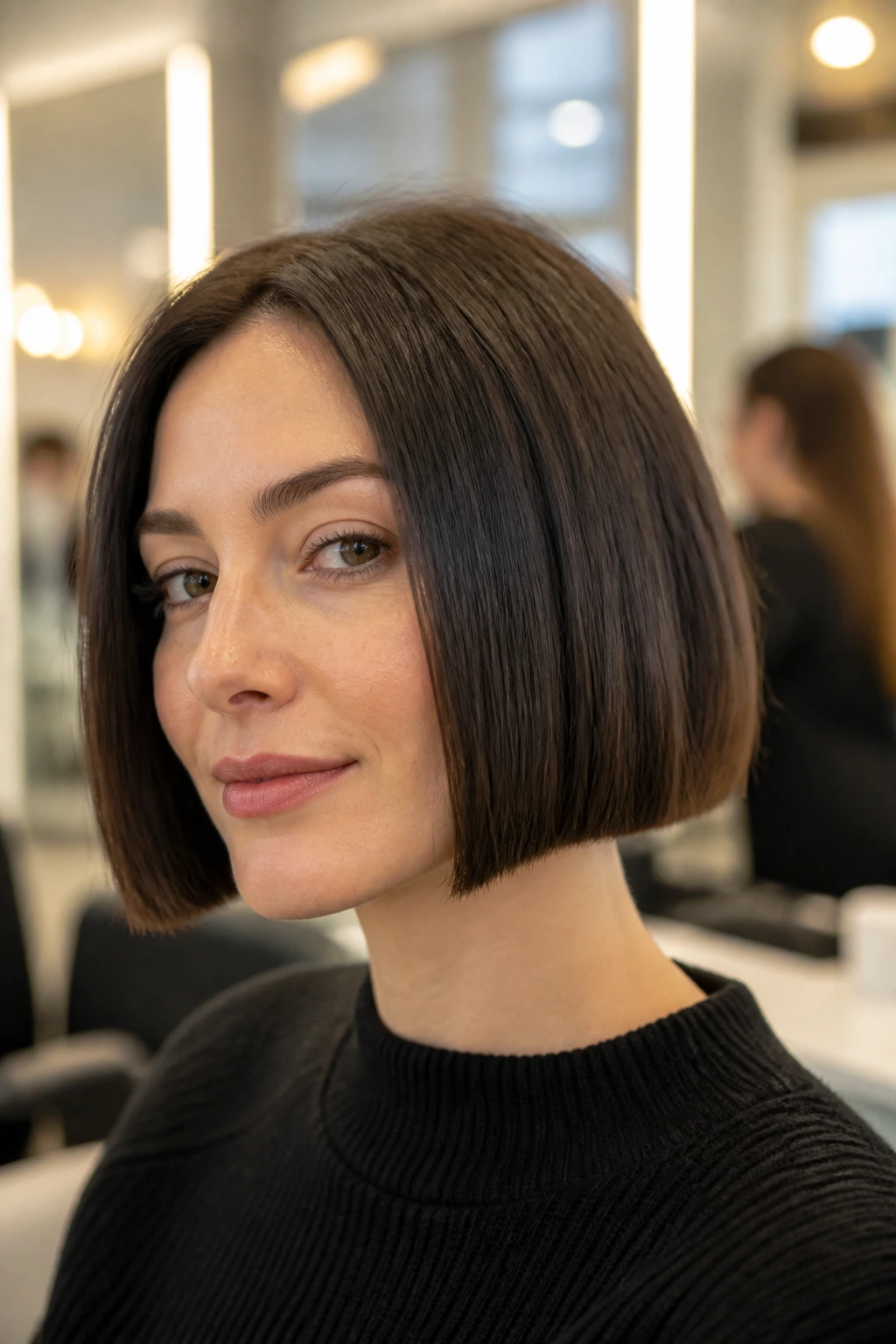 Real woman with a blunt, crisp bob illustrating precise communication for haircut.