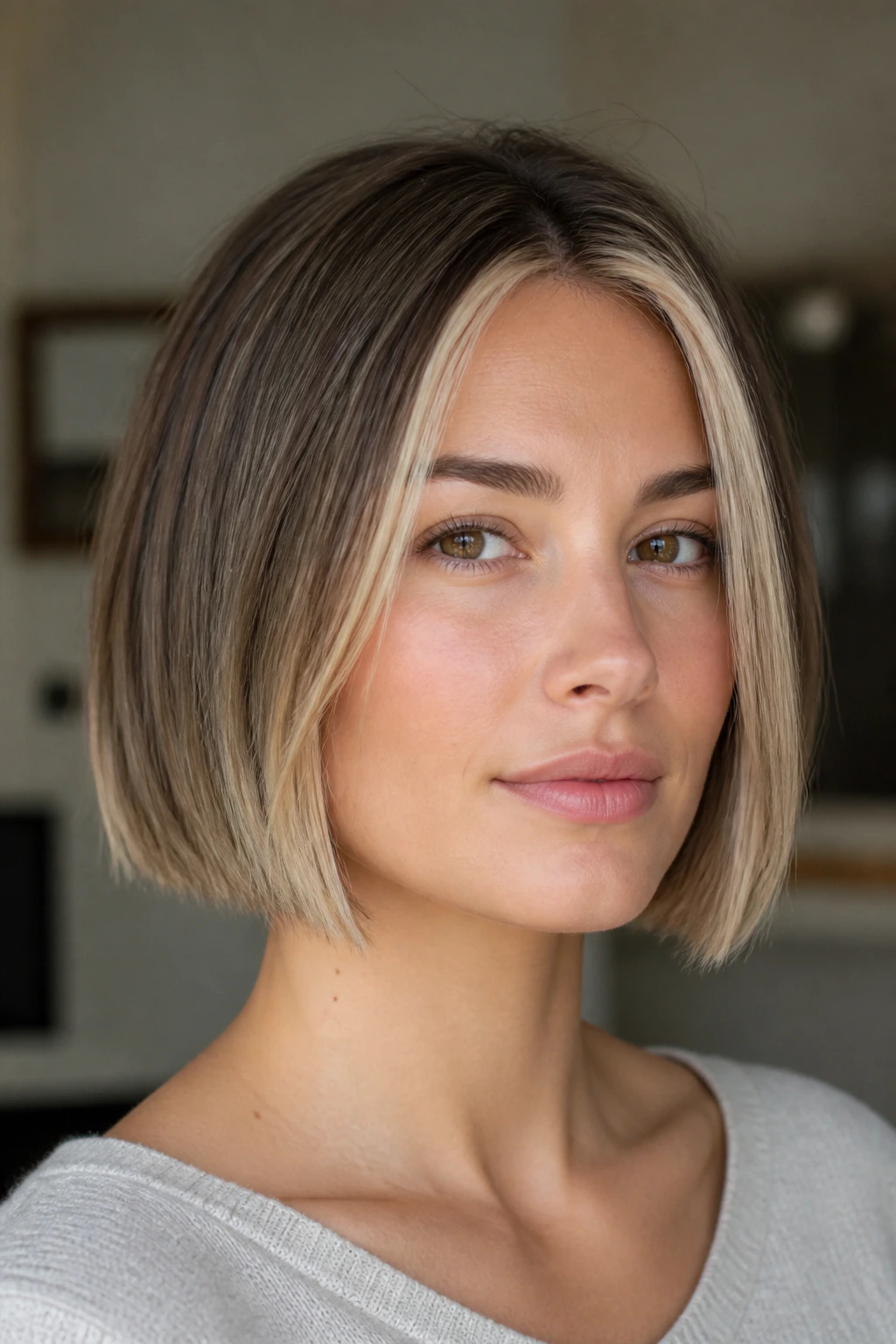 Close-up of a person with a blunt chin bob and pale halo babylights