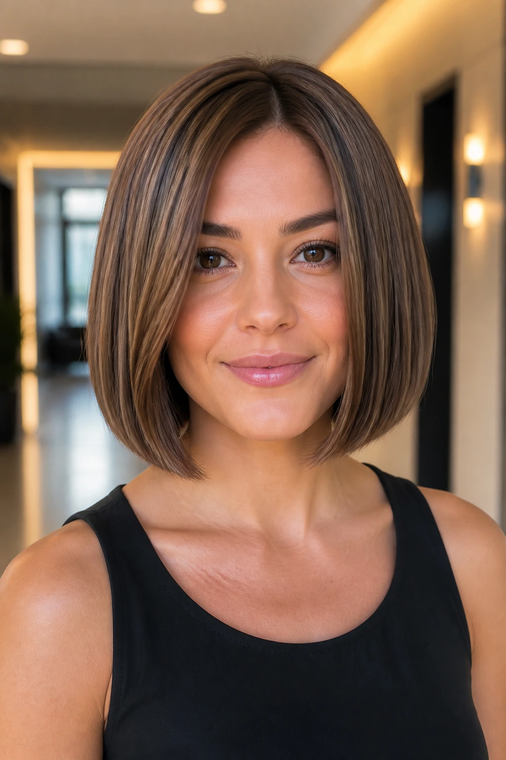 Real woman with blunt bob and hidden dark chocolate lowlights in a modern interior.