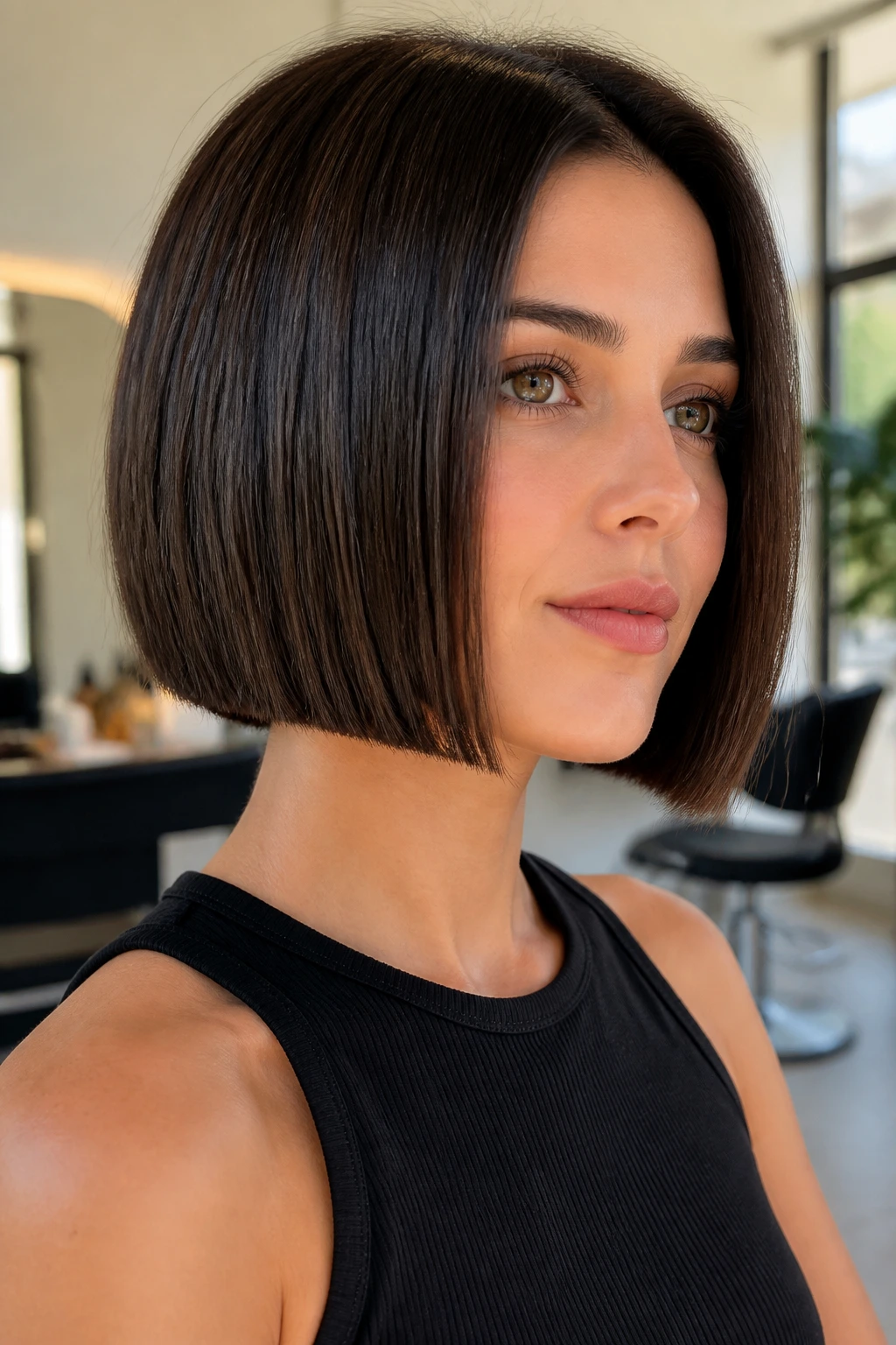 Close-up portrait of a real woman with a blunt bob showing a crisp edge and hidden weight removal.