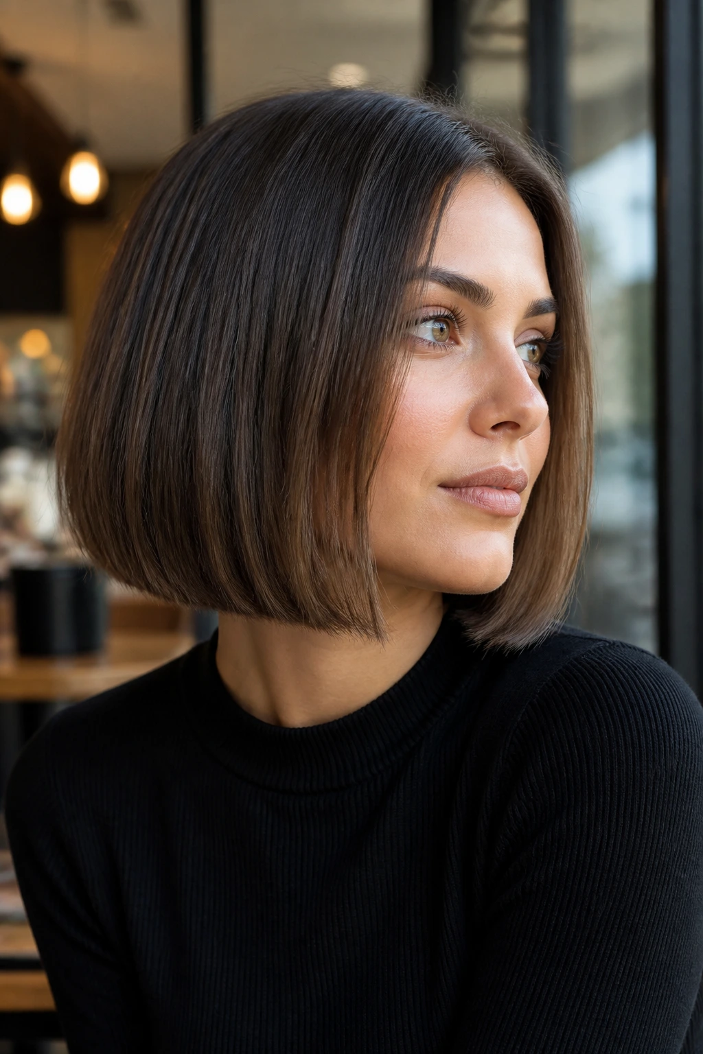 Close-up of a real woman with a Blunt Bob and hidden interior layers