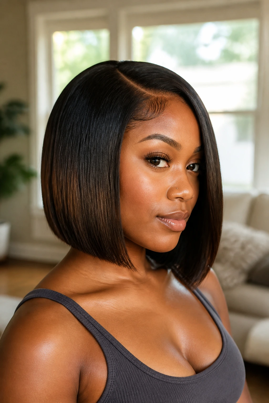 Close-up of a woman with a blunt bob with hidden layers in soft window light