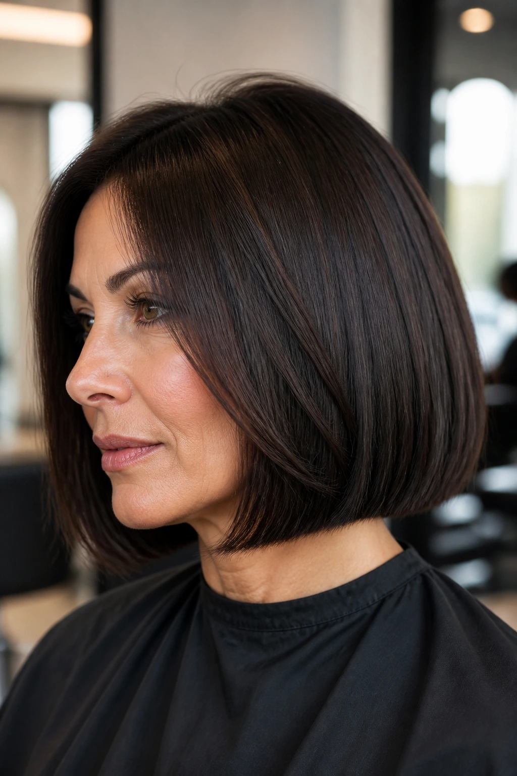 Real woman with blunt bob and hidden interior layers in natural light