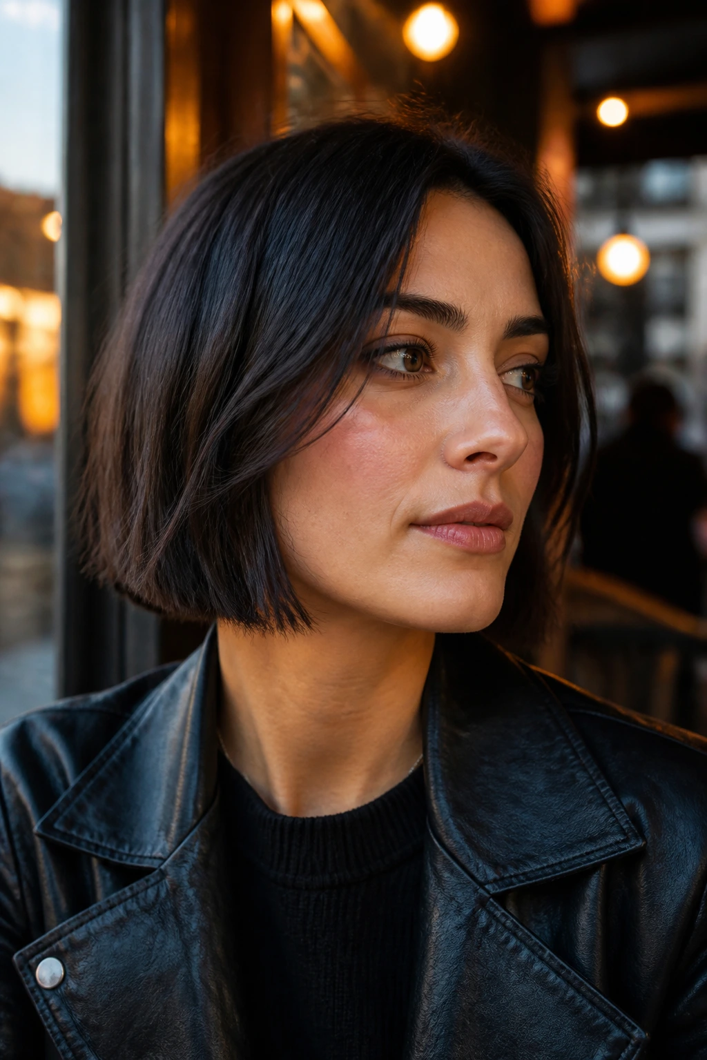 Portrait of a real woman with jaw-length blunt bob and hidden layers.