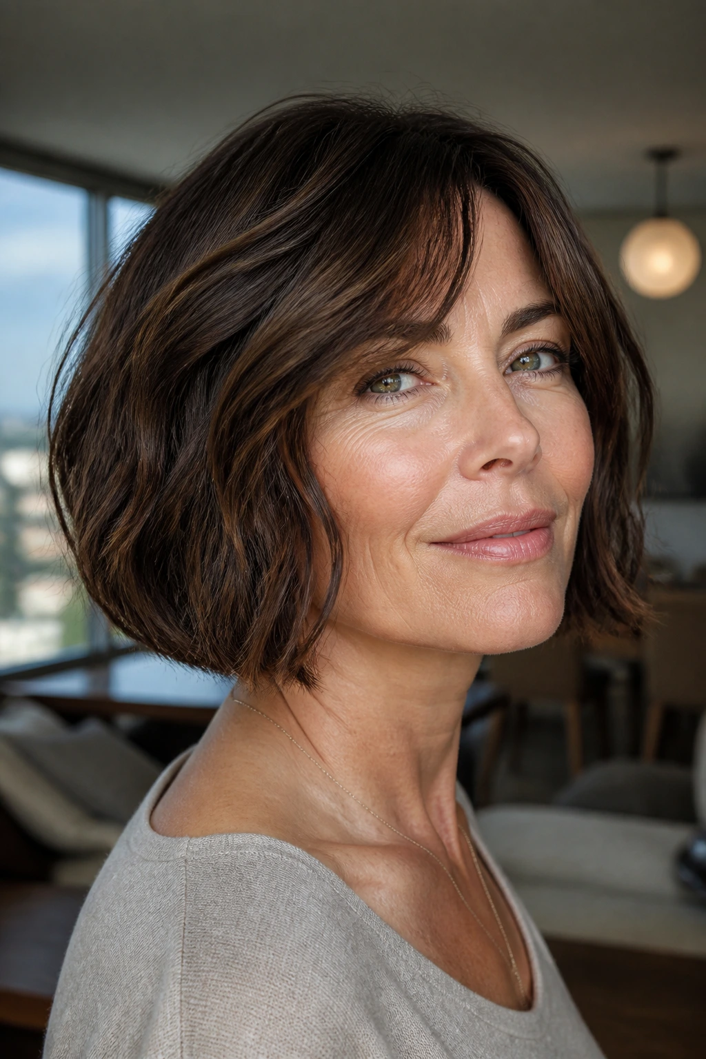 Close-up portrait of a real woman with a blunt bob and hidden movement in soft indoor light.