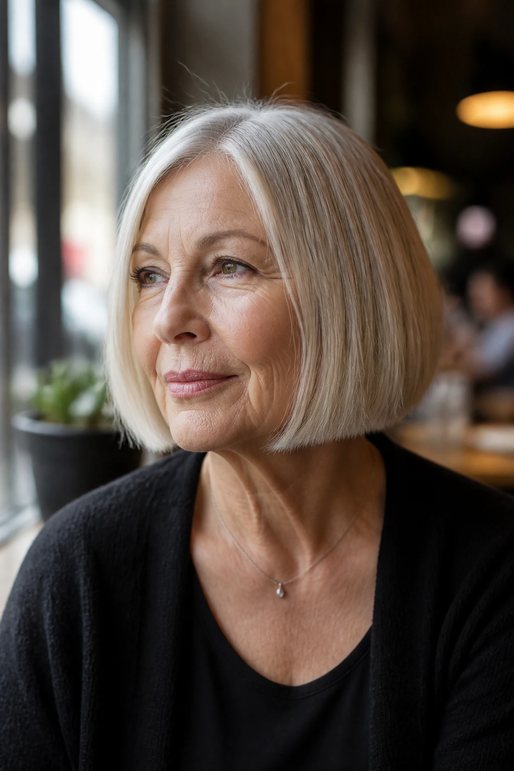 Older woman with blunt bob showing shape and lift in cafe window light