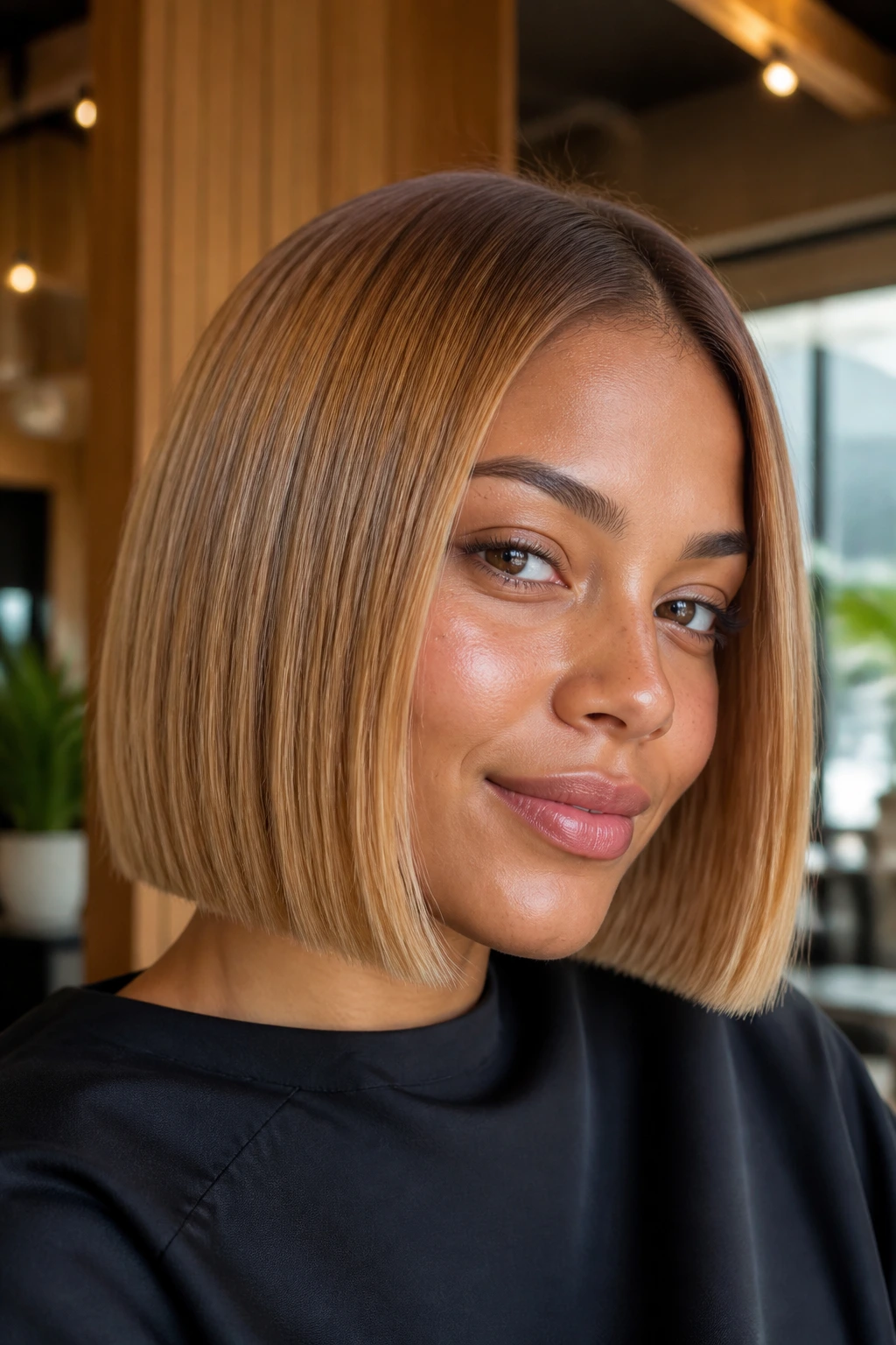 Portrait of a woman with a sleek blunt bob and glossy honey blonde glaze.