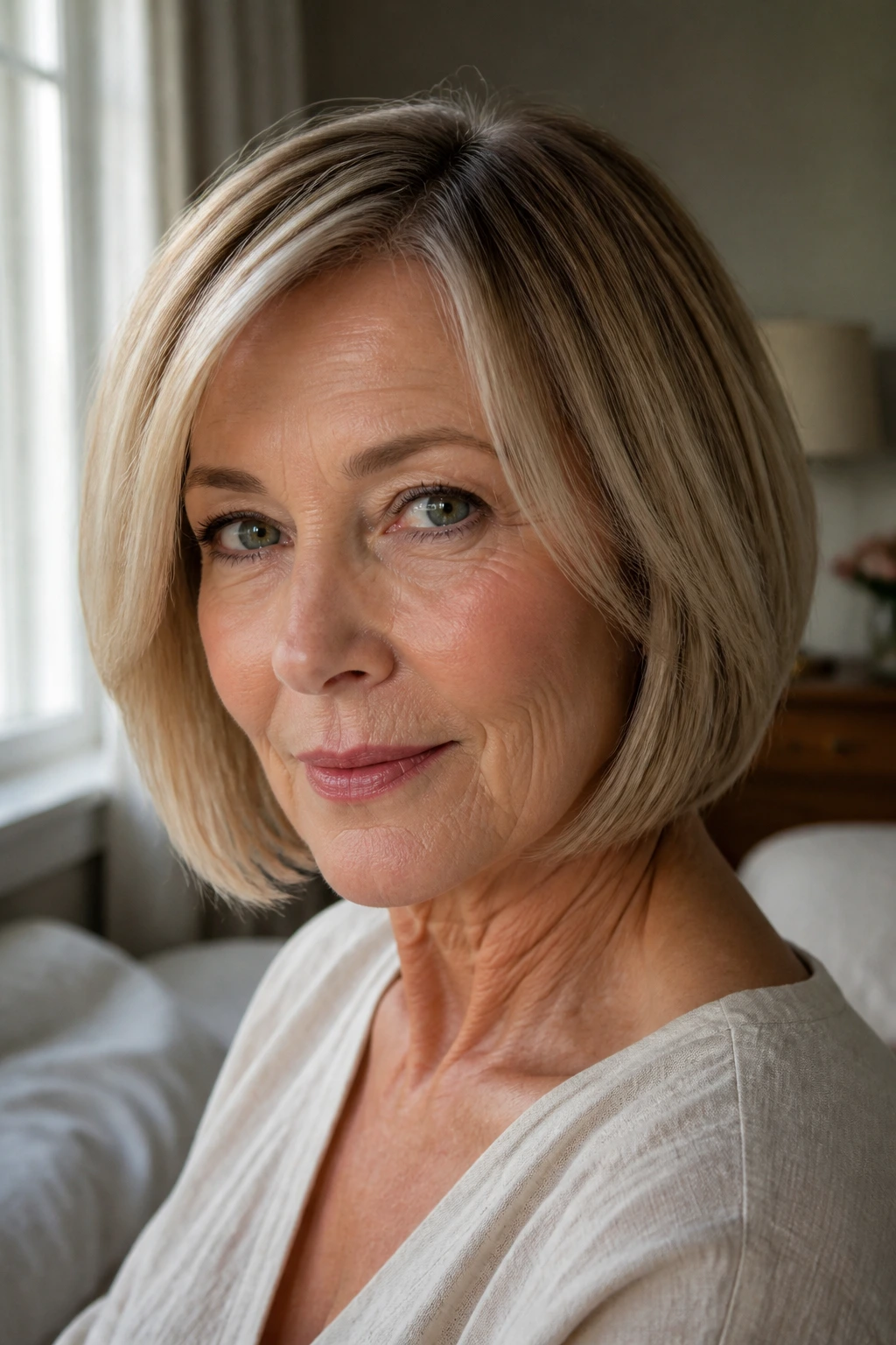 Close-up portrait of a real woman with a blunt bob and interior layers in natural window light