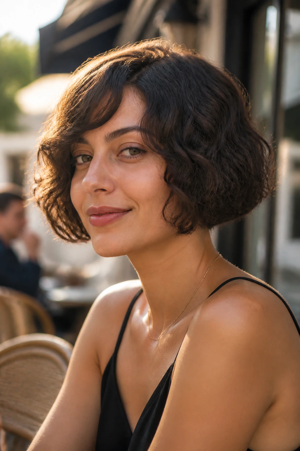Close-up of a real woman with a blunt bob and subtle internal layers in golden hour light