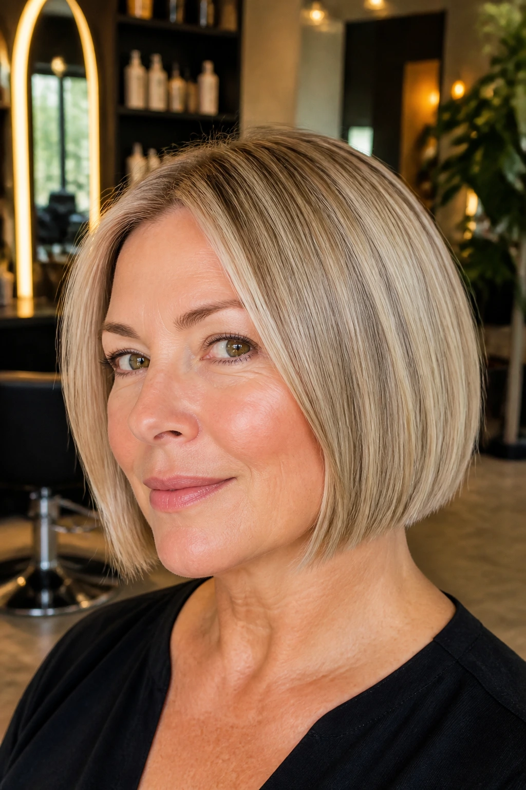 Real woman wearing blunt bob with hidden internal layers