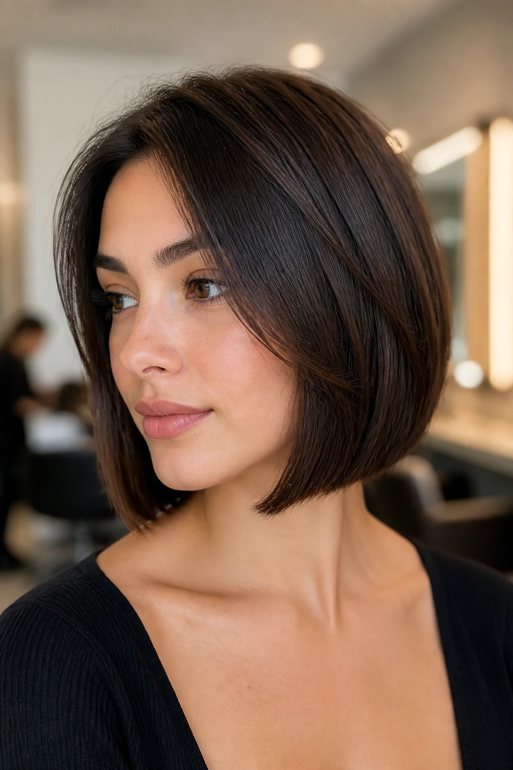 Close-up of a woman with a blunt bob with internal layers and side break