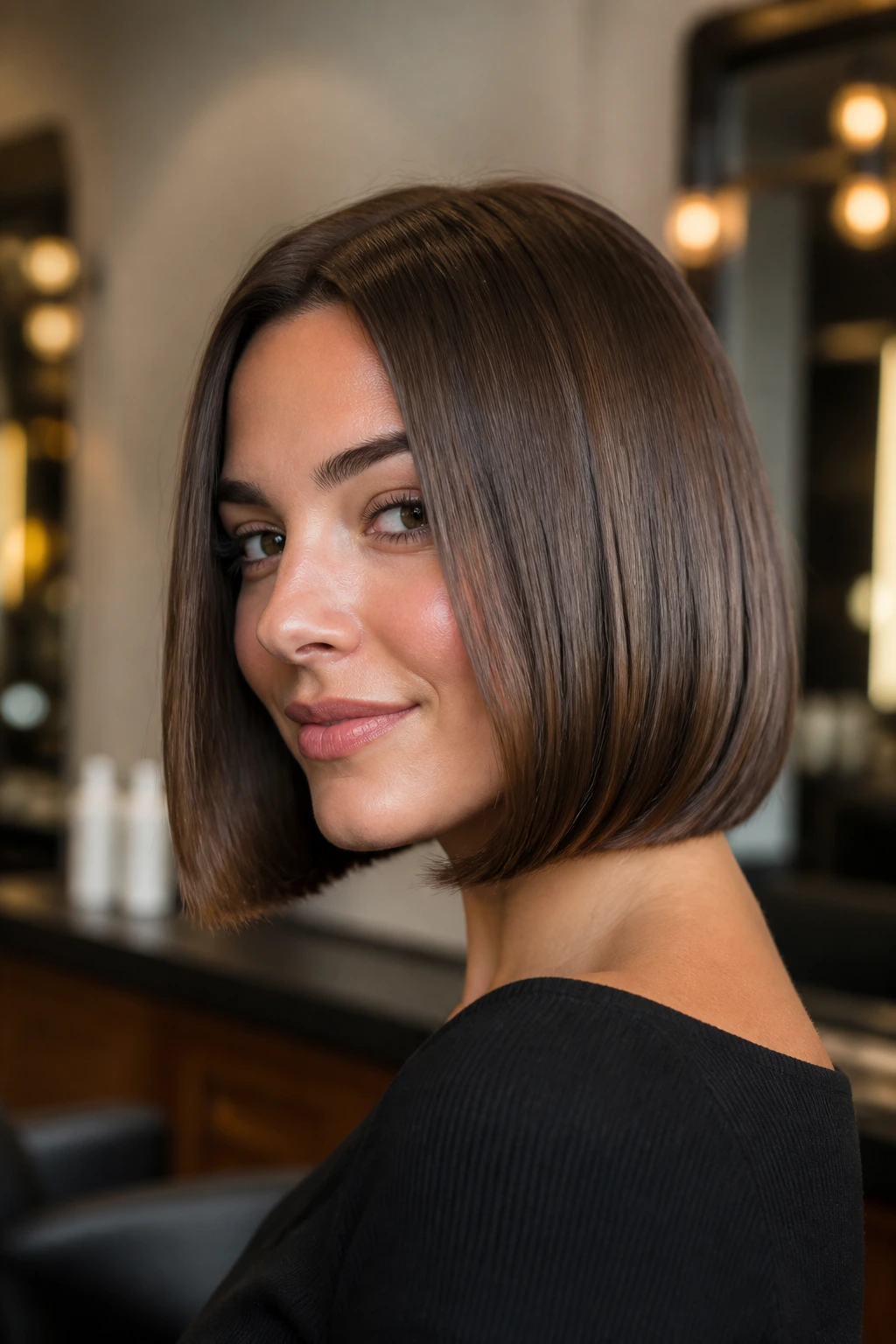 Close-up of a real woman with blunt bob and invisible bend at the ends