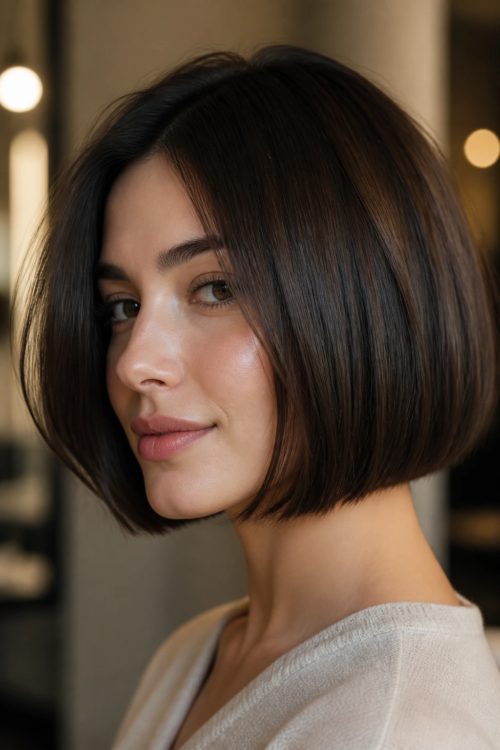 Close-up portrait of a real woman with a blunt bob and invisible layers