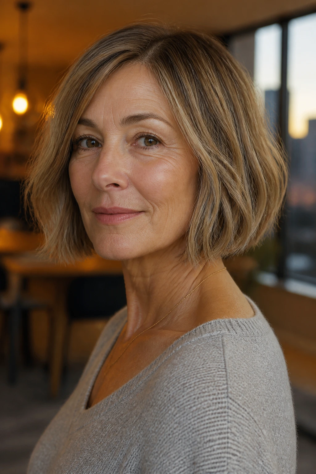 Real woman with blunt bob and invisible layers in warm light