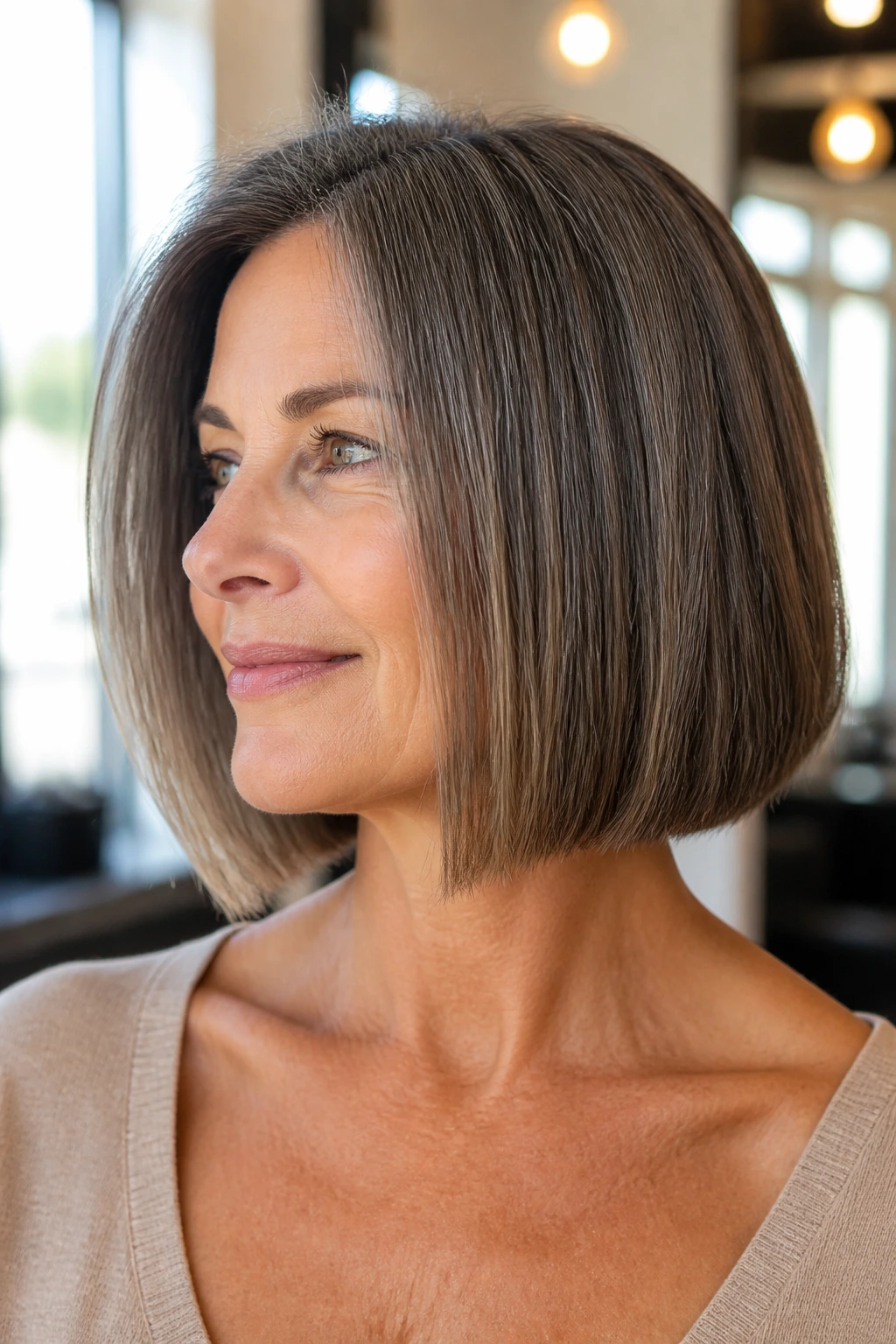 Close-up of a real woman with blunt bob and invisible layers in warm salon light