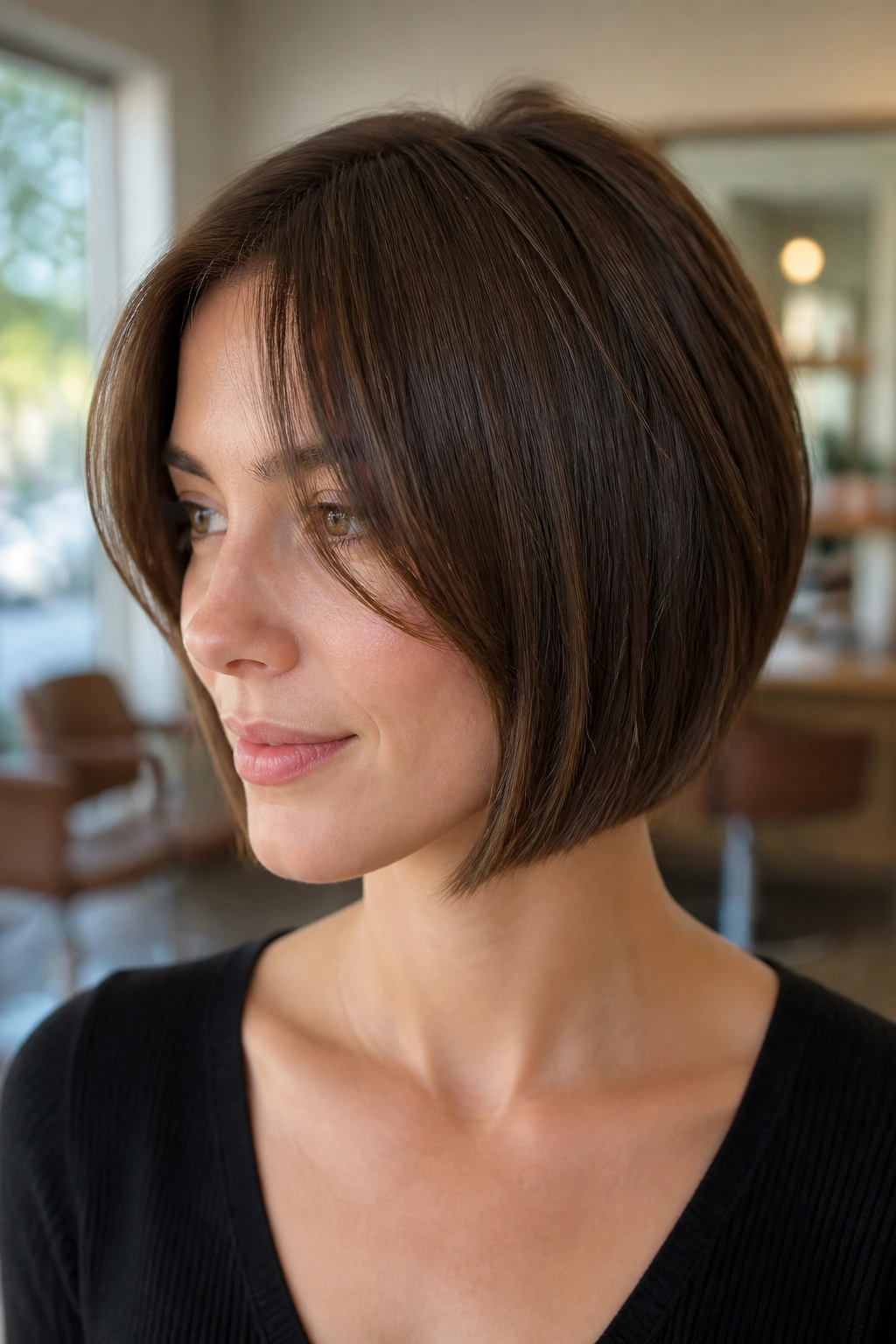 Close-up portrait of a real woman with a blunt bob and invisible internal layers at the crown.