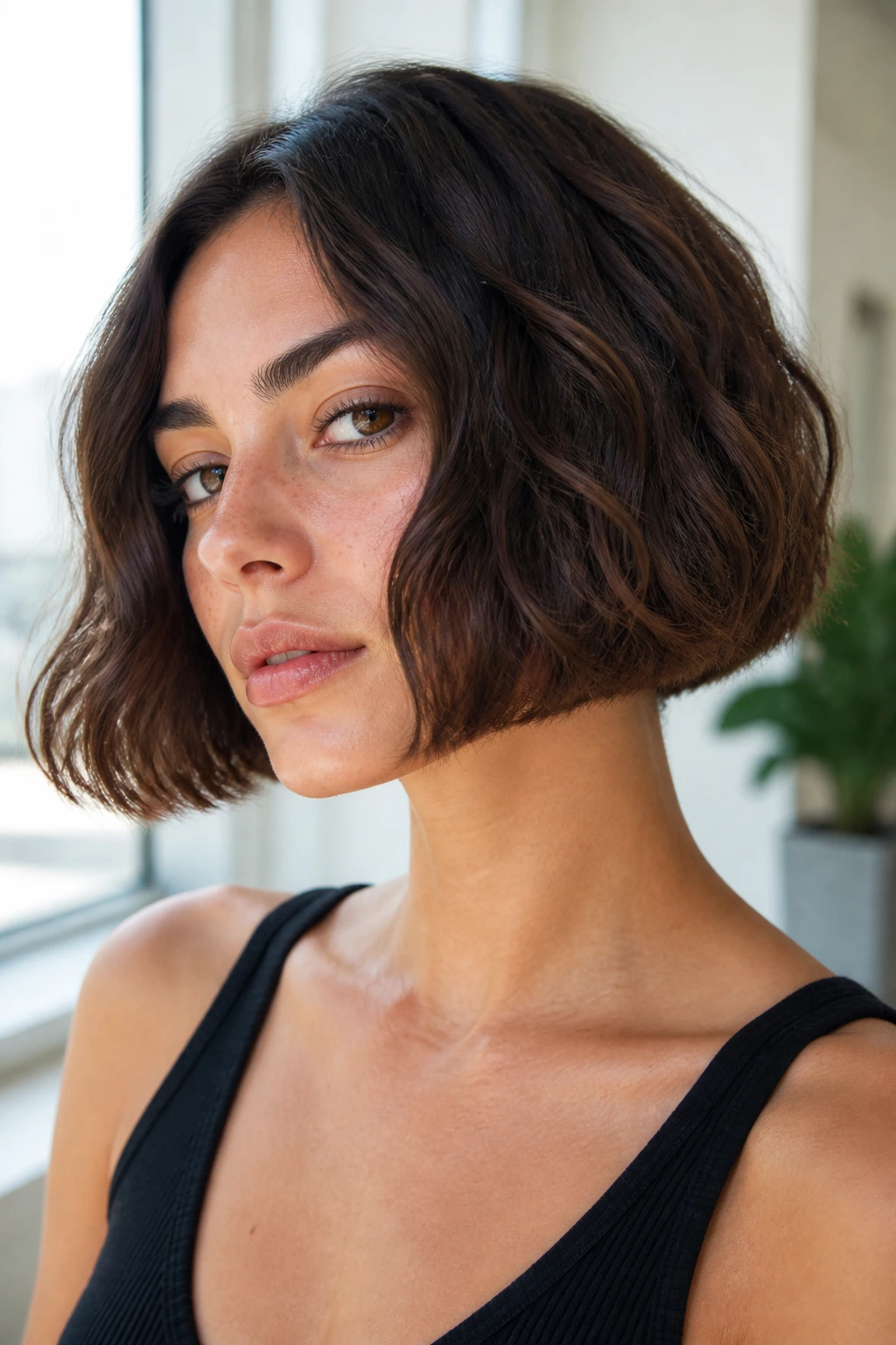 Close-up of a real woman's jaw-length blunt bob on wavy hair