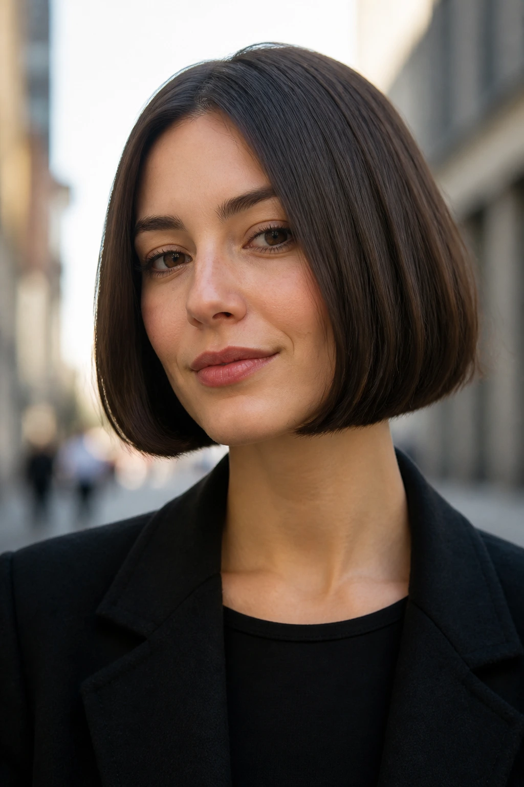 Portrait of woman with jaw-length blunt bob.