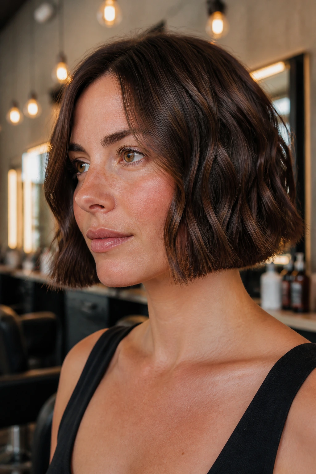 Real woman sporting a jaw-length blunt bob in a salon setting