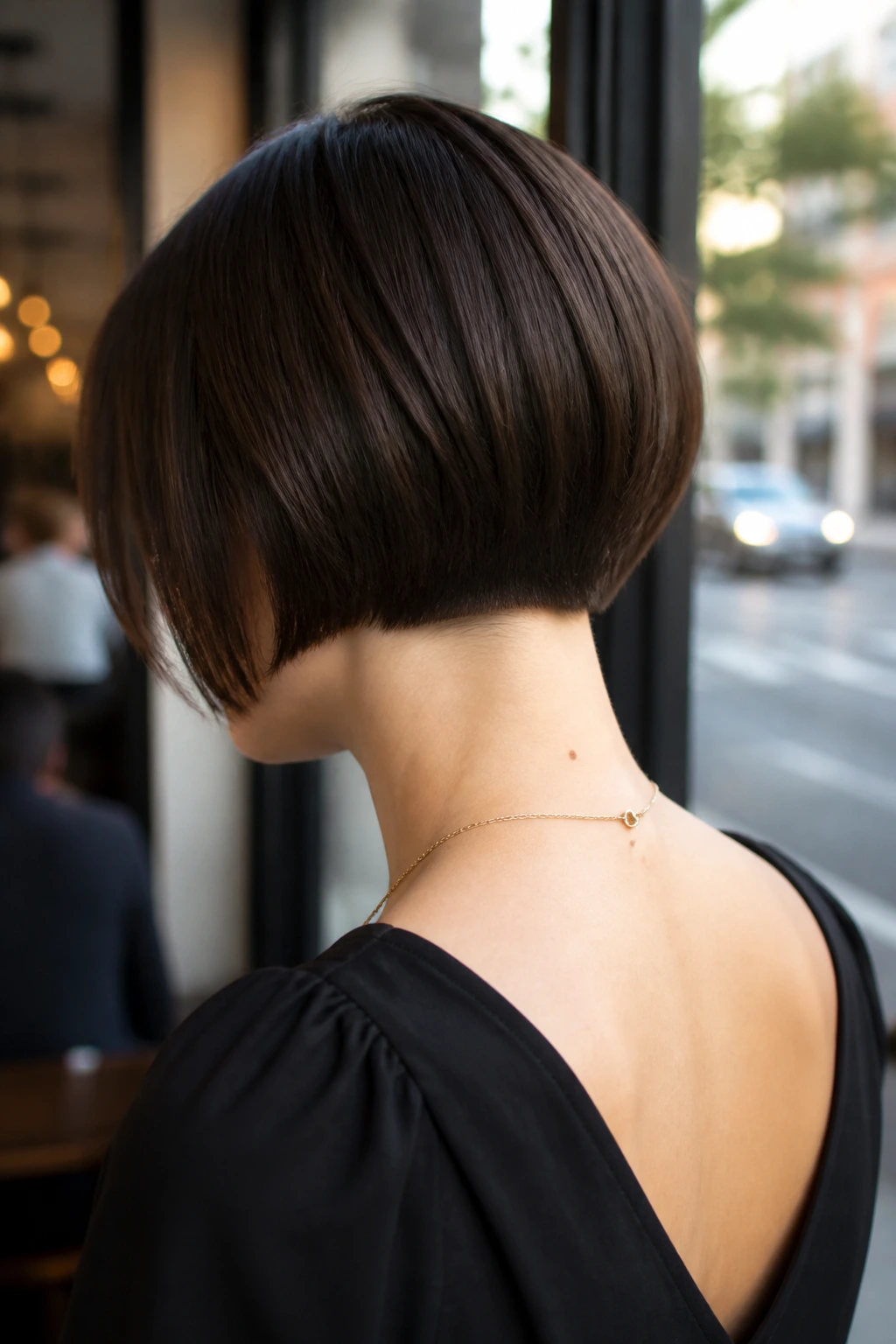 Back profile of blunt bob with crisp perimeter
