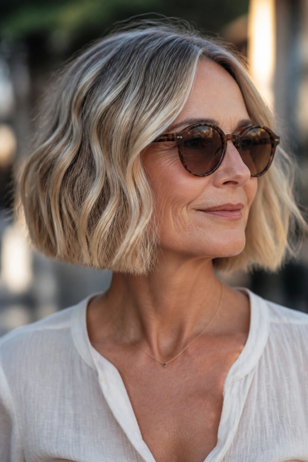 Close-up portrait of a real woman with a blunt bob and a loose bend