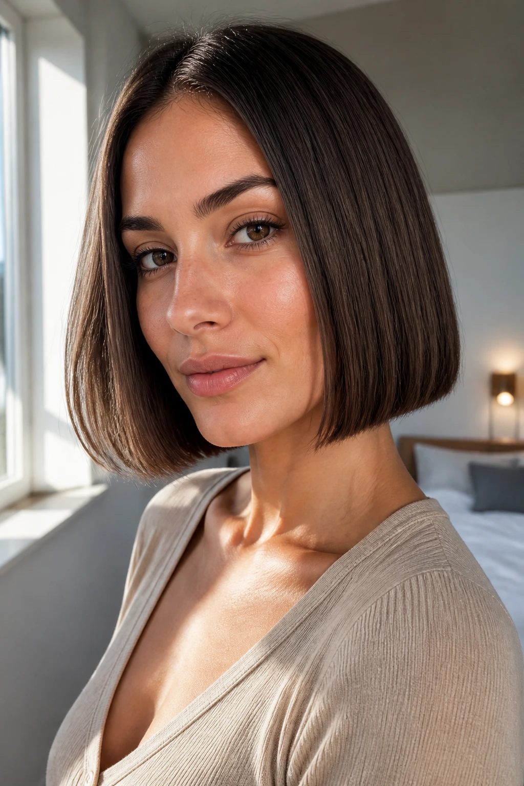 Portrait of a real woman with a crisp blunt bob highlighting maintenance and shape