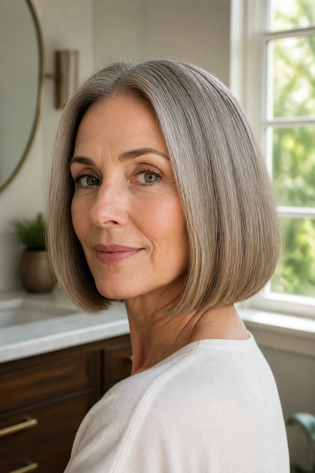 Close-up portrait of a woman with a crisp blunt bob in a bright bathroom