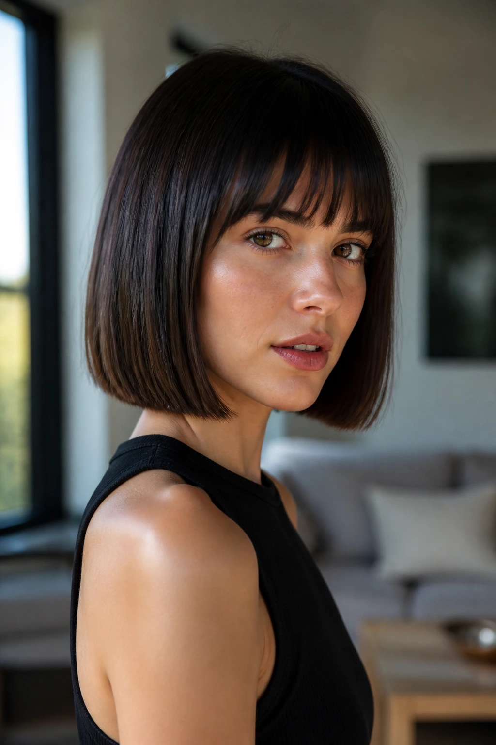 Real woman with blunt bob close-up highlighting sharp silhouette