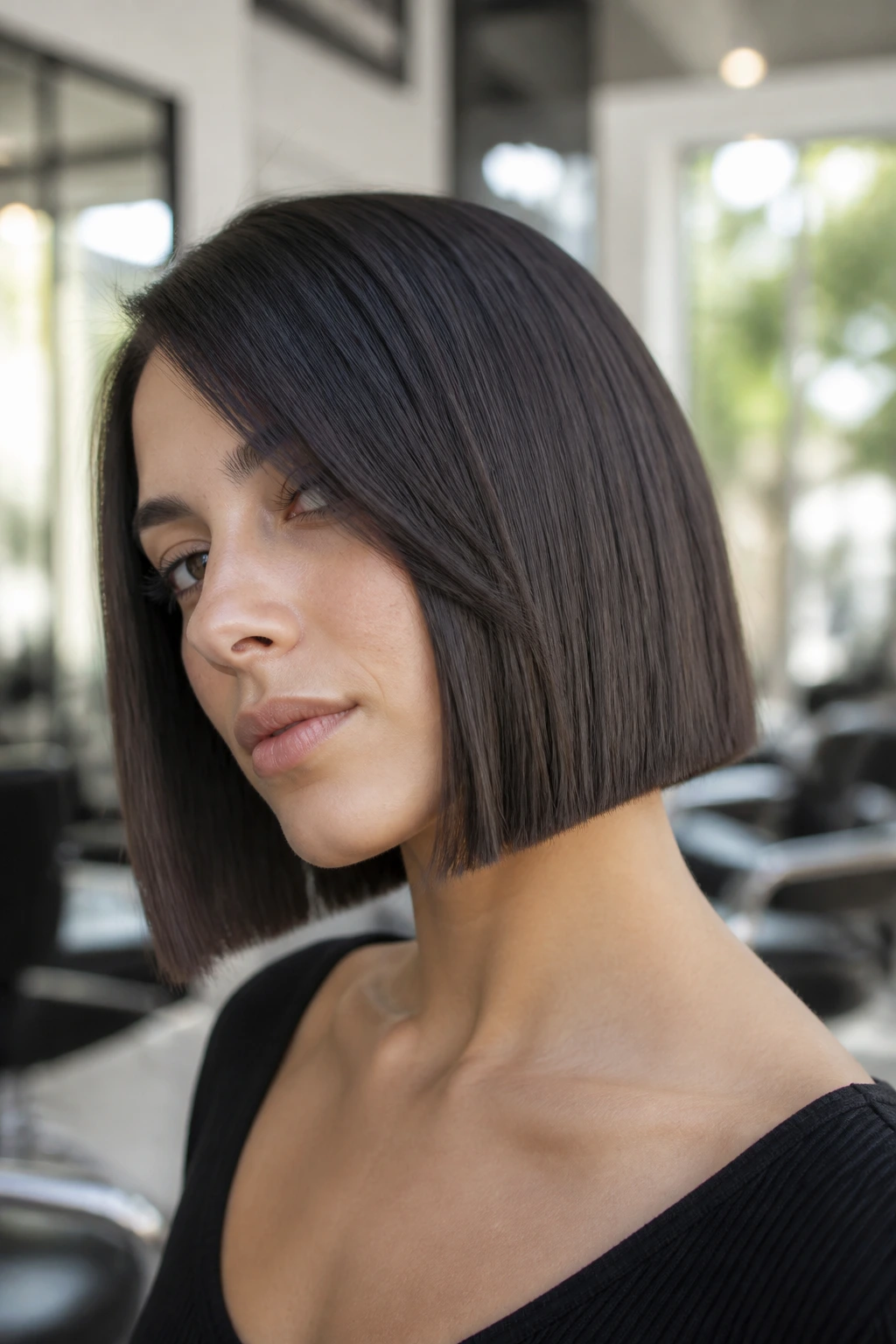 Close-up of a blunt bob with micro layers on a real person