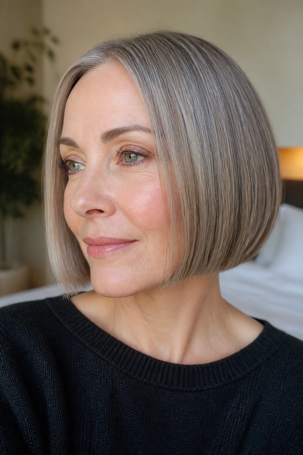 Close-up of a real woman with a chin-length blunt bob and micro-lowlights.